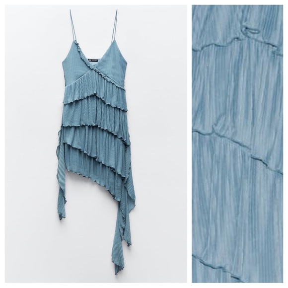 🌹NWT. Zara Light Blue Pleated Asymmetric V-Neck Mini Dress. Size L. - Picture 7 of 13